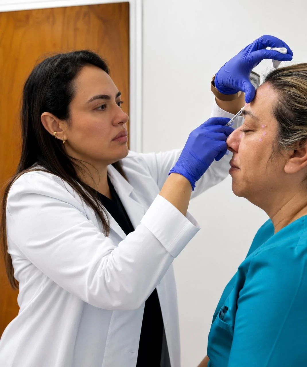 Dra. Sthepany Valencia realizando un procedimiento con bata blanca