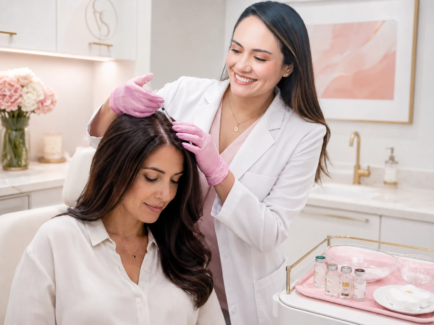 Aplicación de mesoterapia capilar en consultorio dermatológico