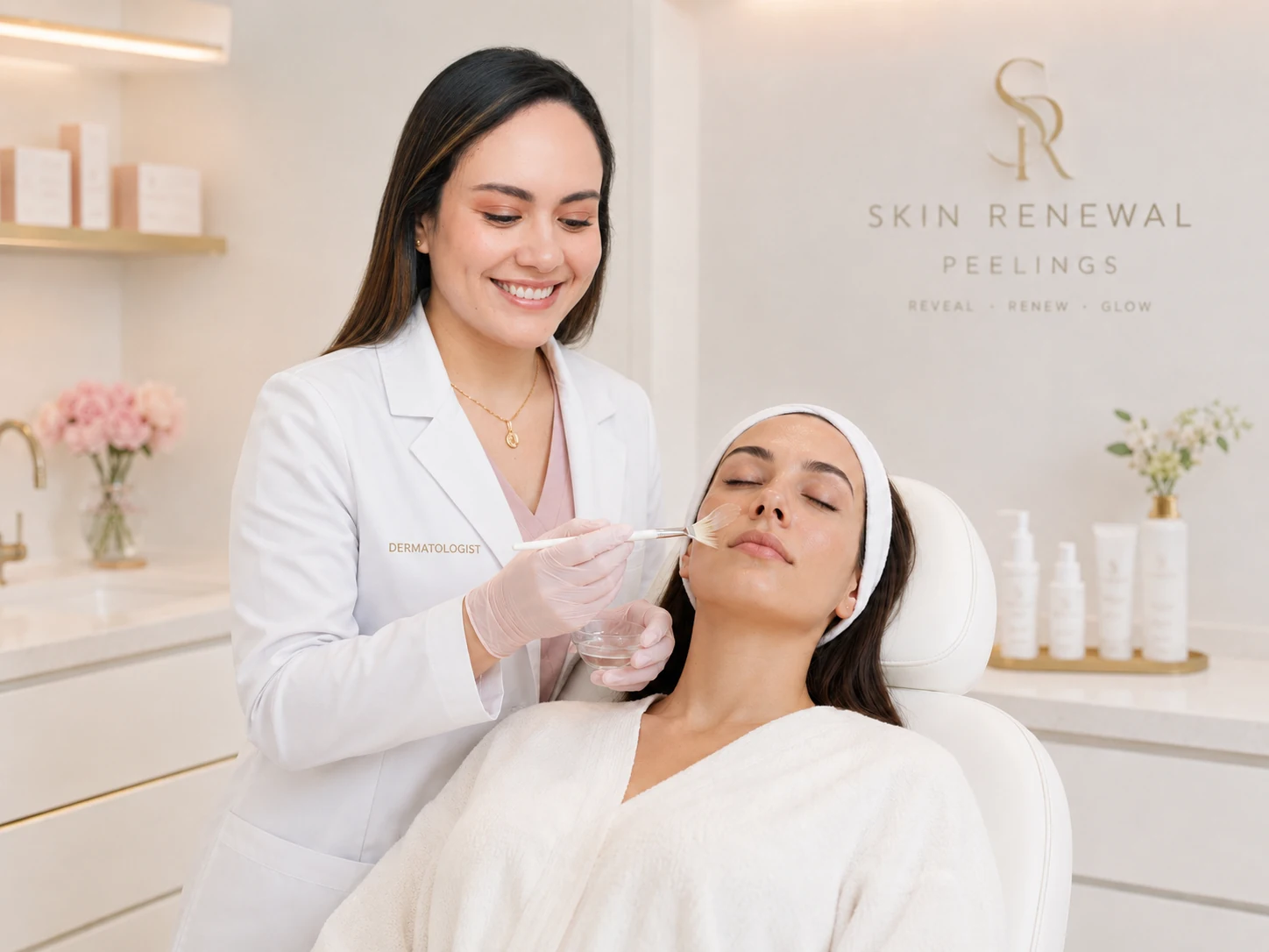 Aplicación de peeling facial en consultorio dermatológico